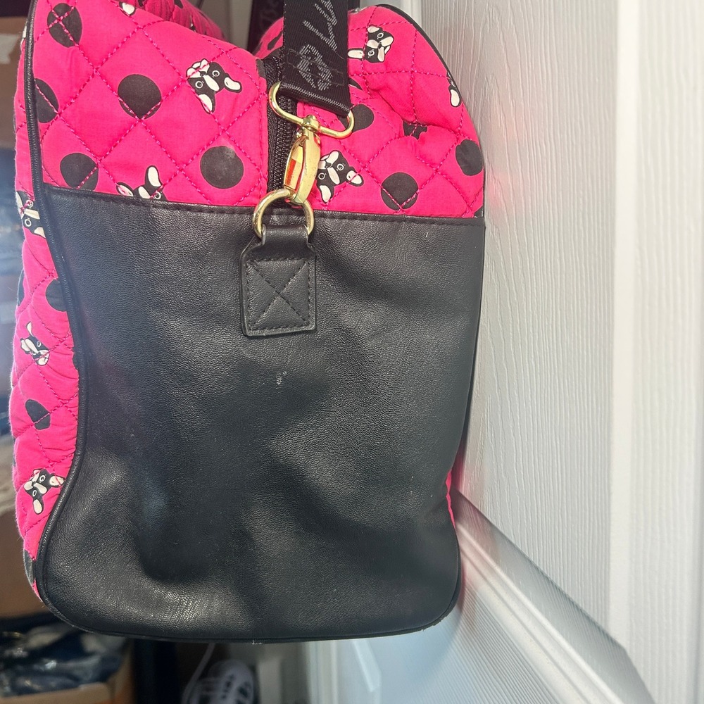 Betsey Johnson Pink French Bulldog Polka Dot Quilted Duffel Bag Weekend Travel - Picture 3 of 14
